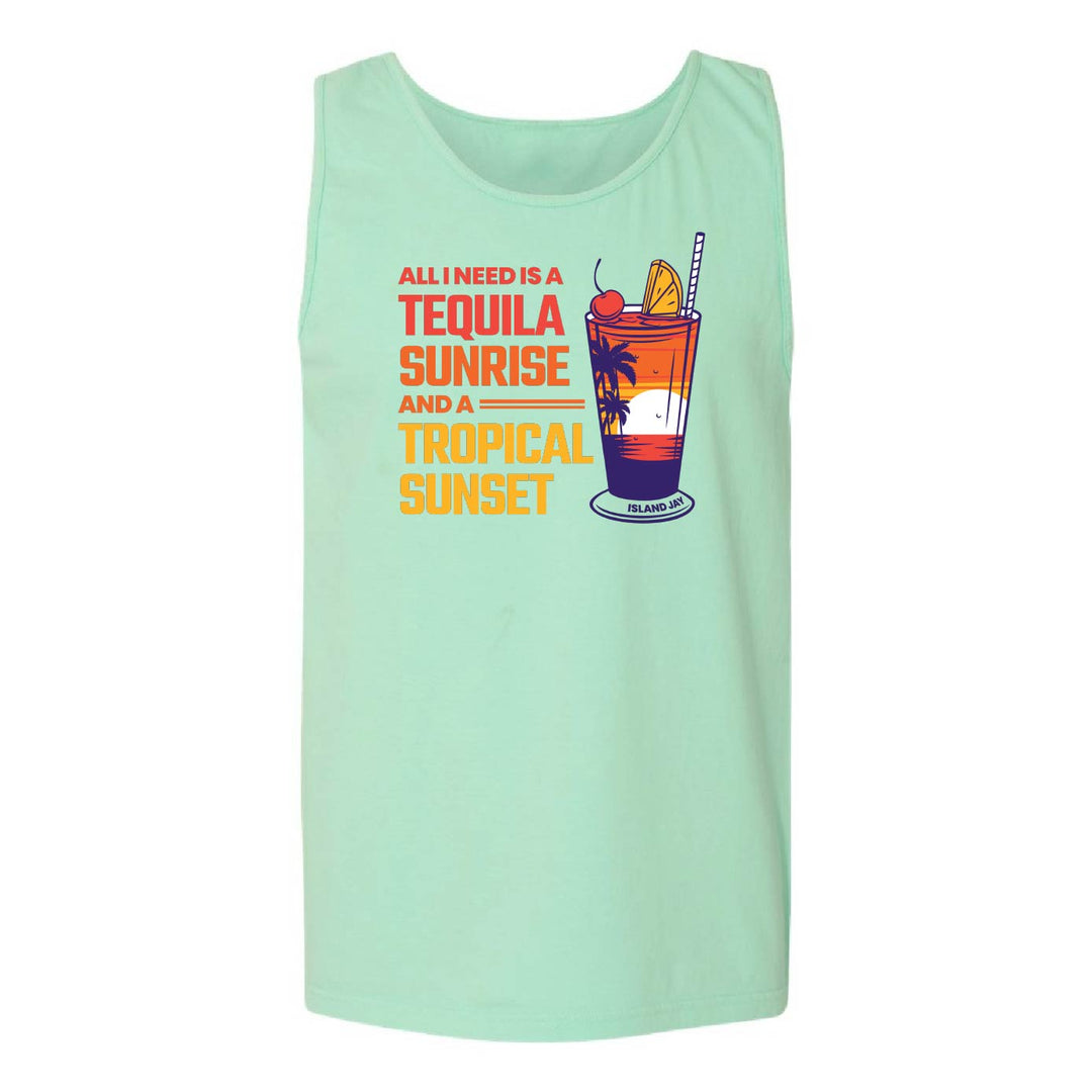 A mint green sleeveless tank top featuring a retro graphic print with the text 'ALL I NEED IS A TEQUILA SUNRISE AND A TROPICAL SUNSET' and an illustration of a cocktail glass.