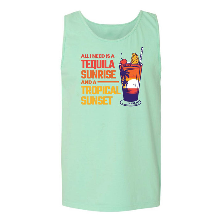 A mint green sleeveless tank top featuring a retro graphic print with the text 'ALL I NEED IS A TEQUILA SUNRISE AND A TROPICAL SUNSET' and an illustration of a cocktail glass.