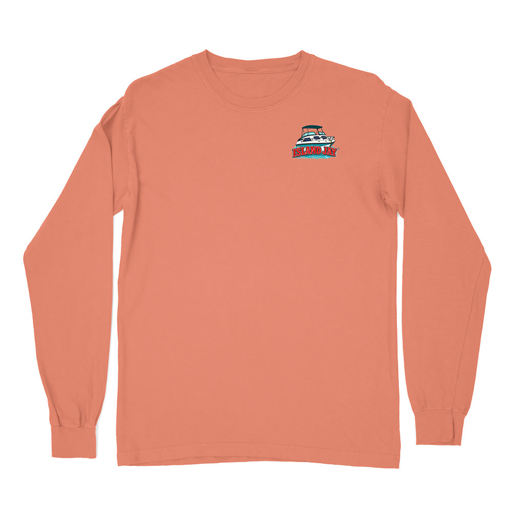 A peach-colored long-sleeve t-shirt with a small boat graphic printed on the left chest, displayed flat against a solid white background.