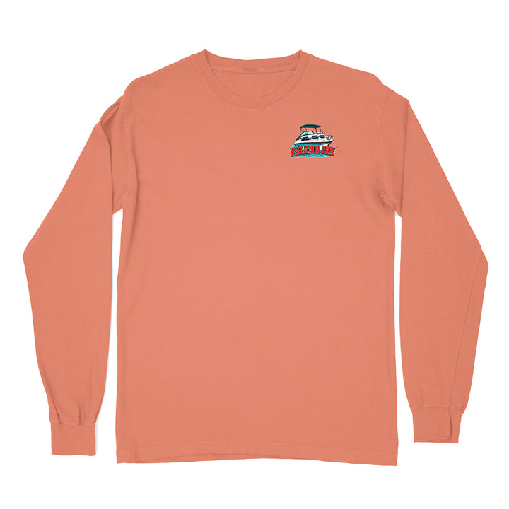 A peach-colored long-sleeve t-shirt with a small boat graphic printed on the left chest, displayed flat against a solid white background.