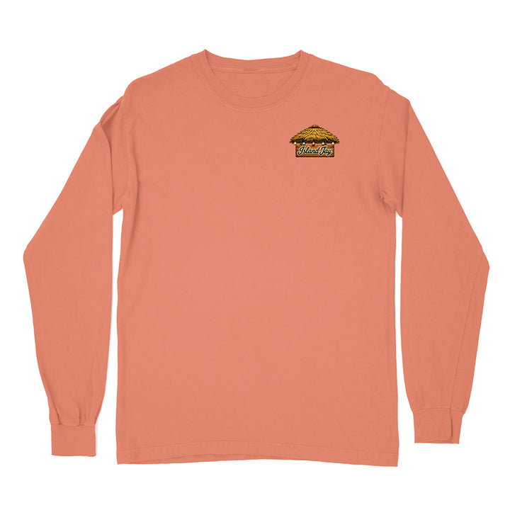 A peach-colored long-sleeve t-shirt with a small graphic on the left chest depicting a yellow and green umbrella with the text 'Wet n' Wild'.