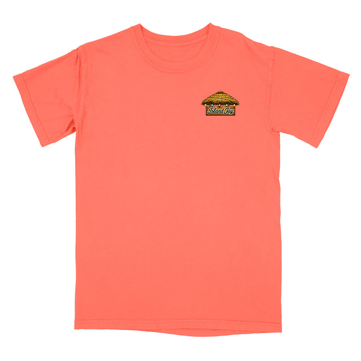 A coral orange short-sleeve crewneck t-shirt with a small graphic logo on the left chest, displayed flat against a solid white background.