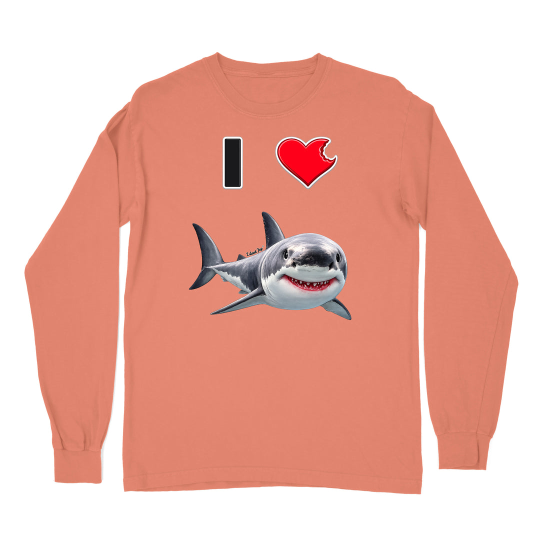 A terracotta long sleeve shirt with the phrase "I love shark" written with a heart icon graphic for the "love" and a cute shark graphic for the "Shark".