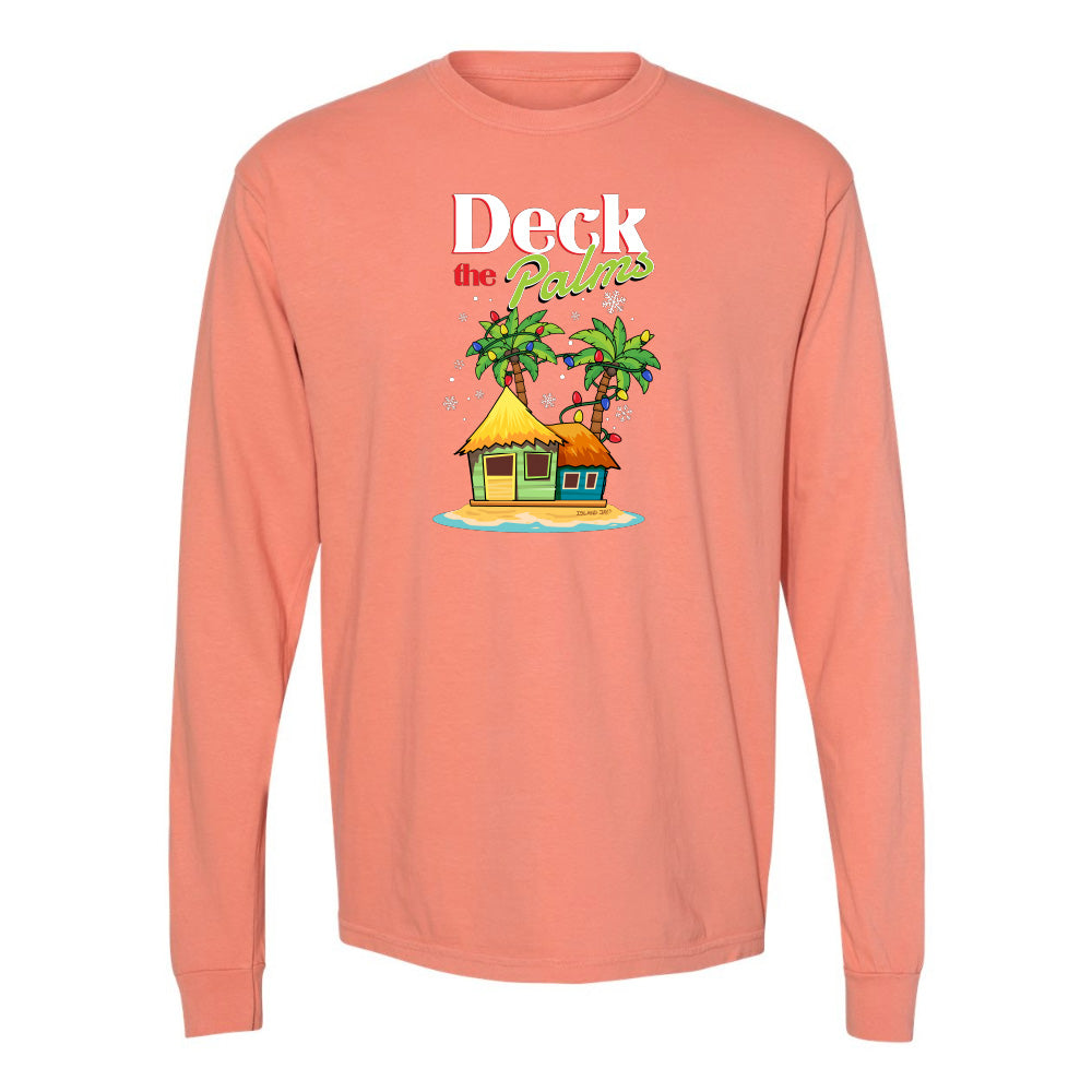 Peach long-sleeve shirt with a tropical hut and palm tree design and graphic text reading "Deck The Palms" on a white background