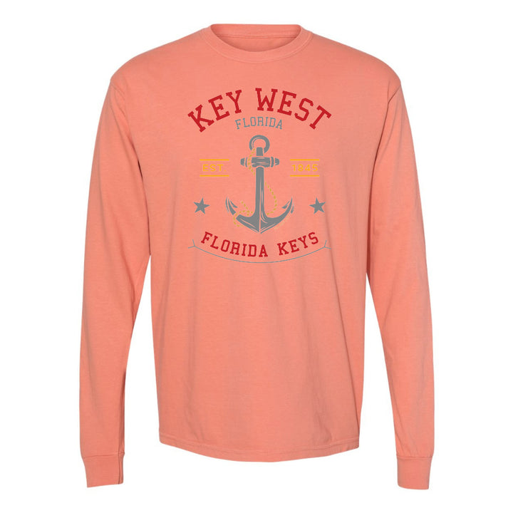 Coral long-sleeve shirt with 'Key West, Florida Keys' design on a white background