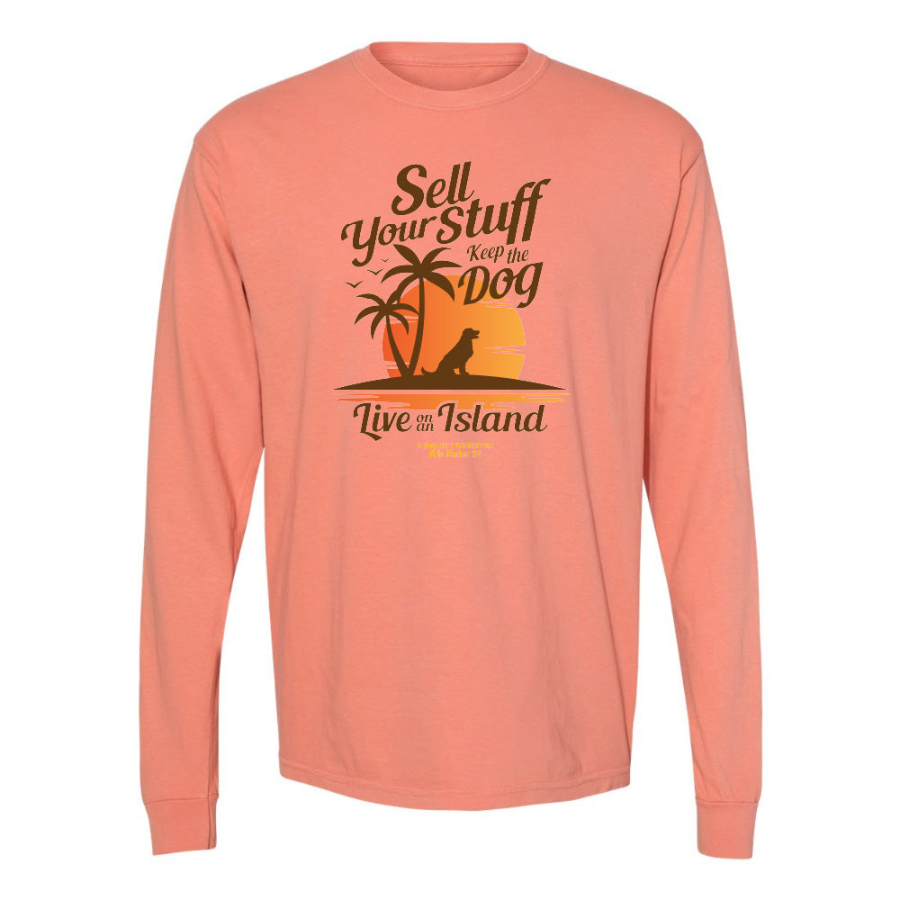 Peach long-sleeve shirt with a graphic and text on a white background
