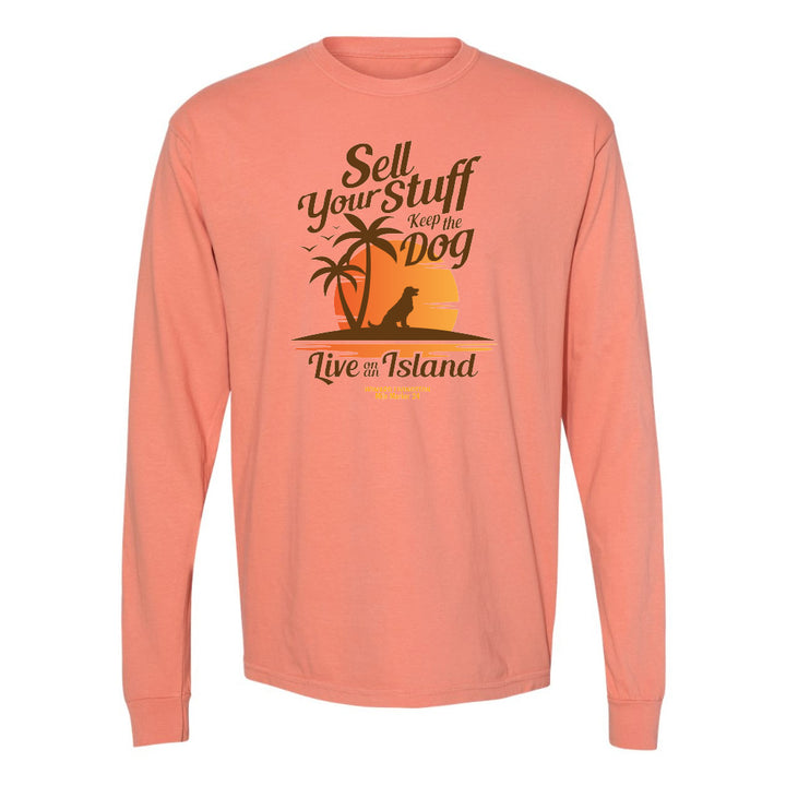 Peach long-sleeve shirt with a graphic and text on a white background