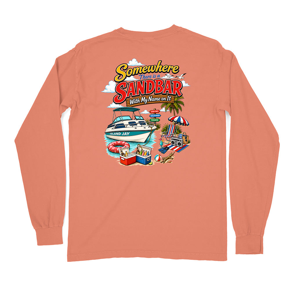 A peach-colored long-sleeve t-shirt shown from the back, featuring a colorful graphic print with the text 'Somewhere Sandbar With My Name on It' and a beach-themed illustration.