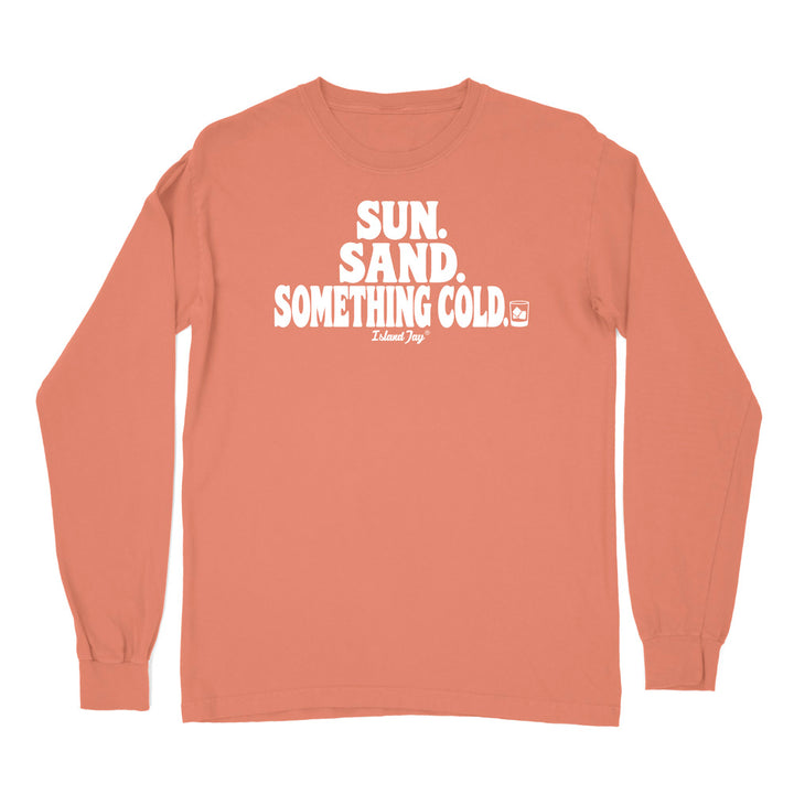 A terracotta long-sleeve t-shirt with a white graphic text print on the chest reading 'SUN. SAND. Something cold