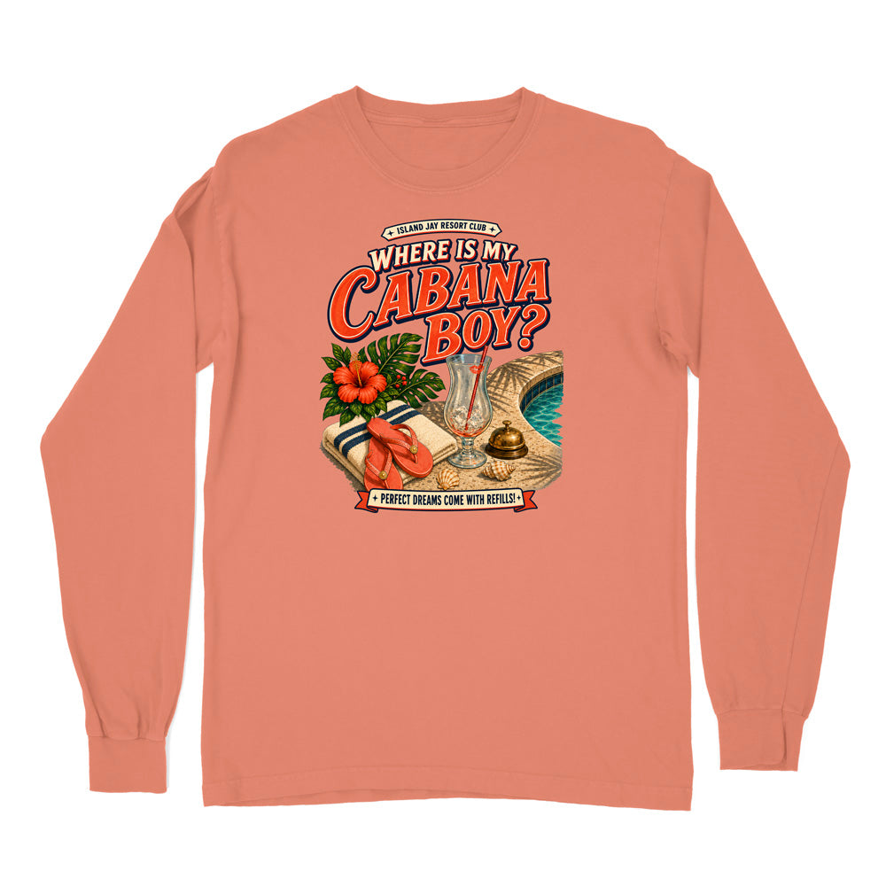 A peach-colored long-sleeve t-shirt with a vintage-style graphic on the chest that reads 'WHERE IS MY CABANA BOY?' and features tropical resort imagery including a pool, hibiscus flowers, and a cocktail glass.