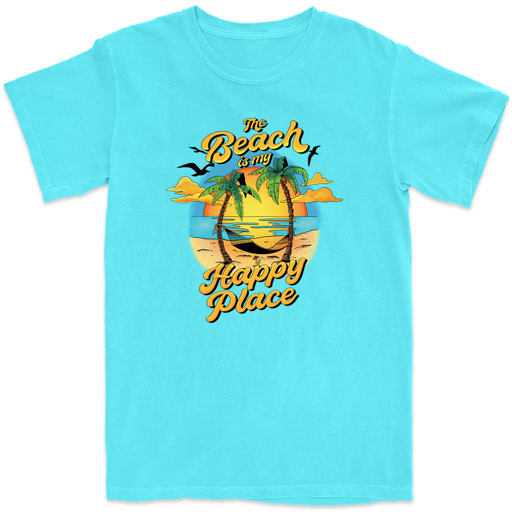 The Beach Is My Happy Place Sunset T-Shirt Lagoon Blue