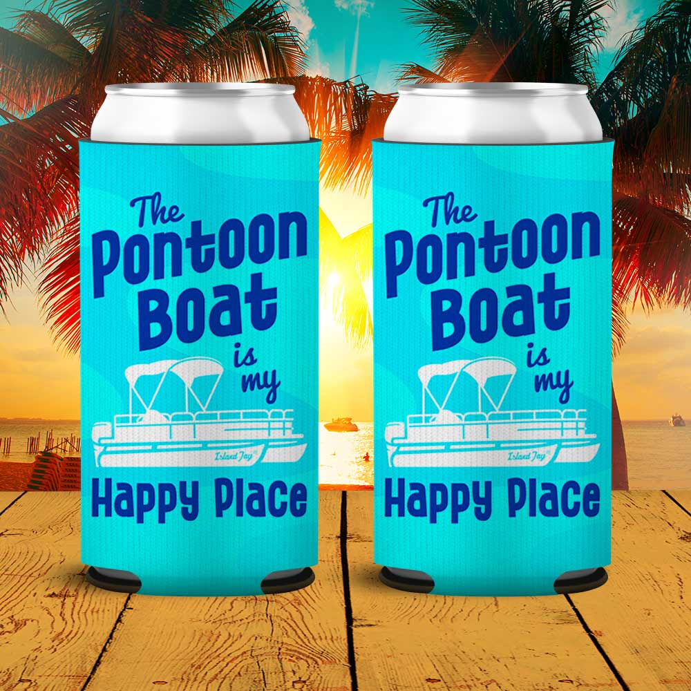 The Pontoon Boat Is My Happy Place Blue SLIM Can Cooler 2 Pack
