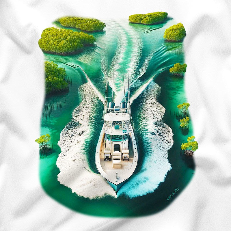 Through The Mangroves Boating Performance Shirt. Shows an offshore fishing boat traveling through the mangroves of Florida.