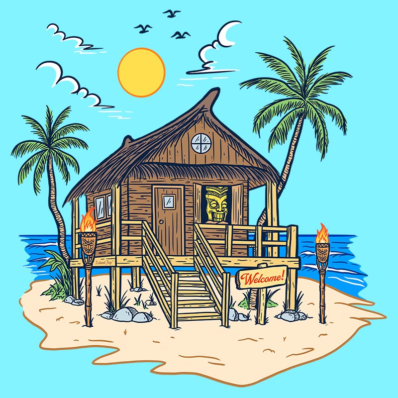 Tiki's Tropical Tranquility T-Shirt Closeup. Shows a Tiki in his beach home enjoying the views of the sun and sand