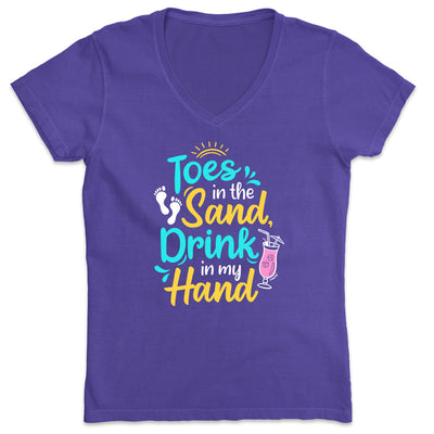 Women's Toes In The Sand Drink In My Hand V-Neck T-Shirt Purple