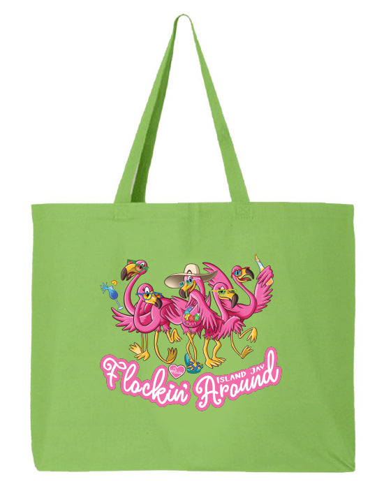 Green tote bag with pink flamingo design and text on a white background