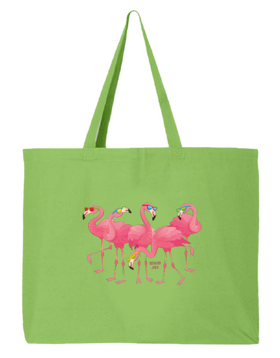 Green tote bag with pink flamingo design on a white background