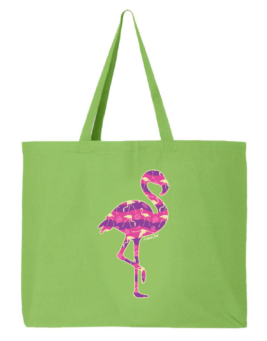 Green tote bag with a pink flamingo design on a white background