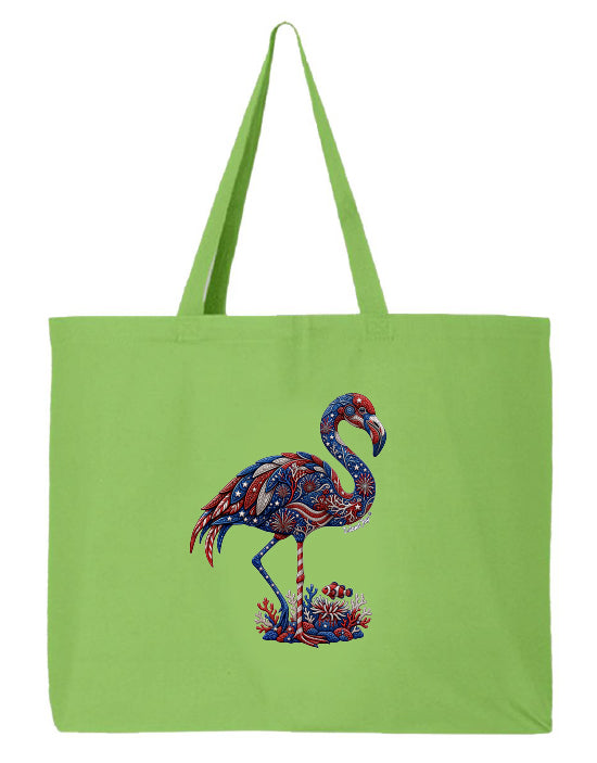 Green tote bag with a colorful flamingo design on a white background