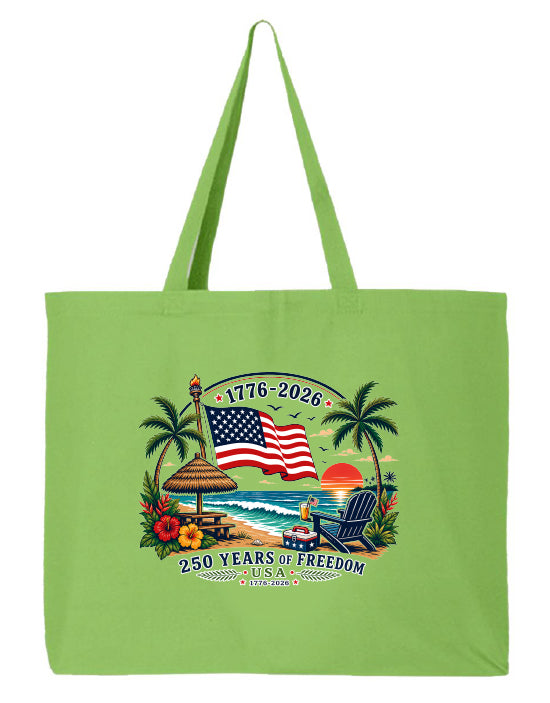 Green tote bag with beach scene and American flag design on a white background