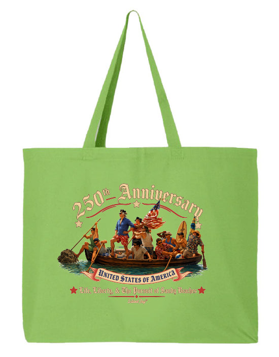 Green tote bag with a graphic design of a boat and people on it, featuring text about the 250th anniversary of the United States of America.