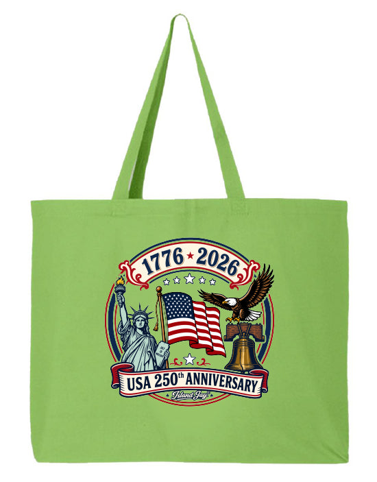 Green tote bag with USA 250th Anniversary design featuring the Statue of Liberty, American flag, and eagle.