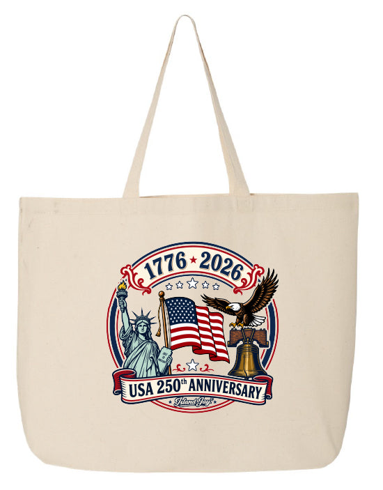 Tote bag celebrating USA 250th Anniversary with American flag, eagle, and Statue of Liberty.
