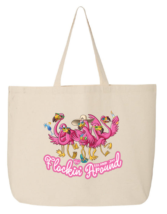 Beige tote bag with pink flamingo design and text on a white background