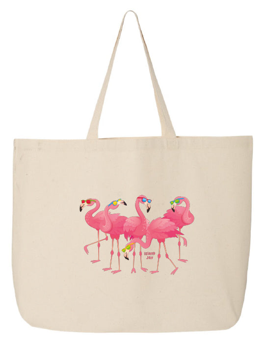 Beige tote bag with pink flamingo design on a white background