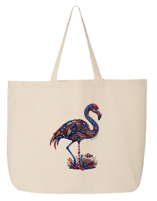 Beige tote bag with a colorful flamingo design on a white background