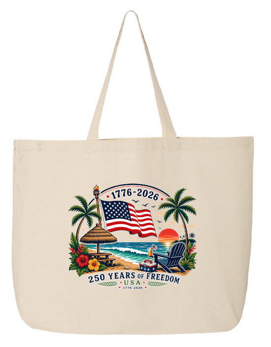 Beige tote bag with beach scene and American flag design on a white background