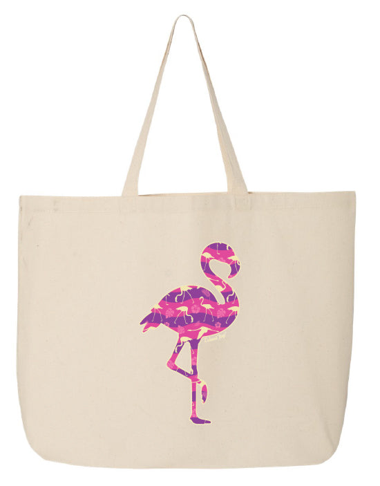 Beige tote bag with a pink and purple flamingo design on a white background