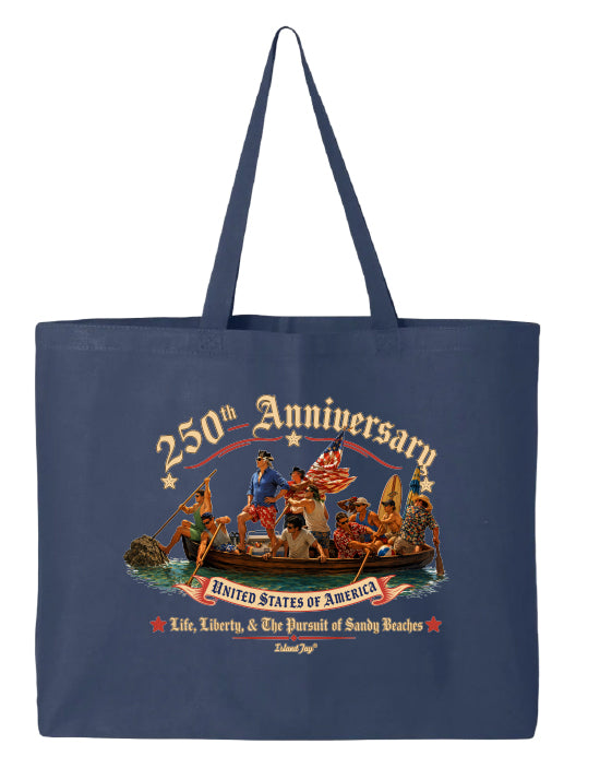 Navy blue tote bag with a graphic design of people in a boat and text on a white background