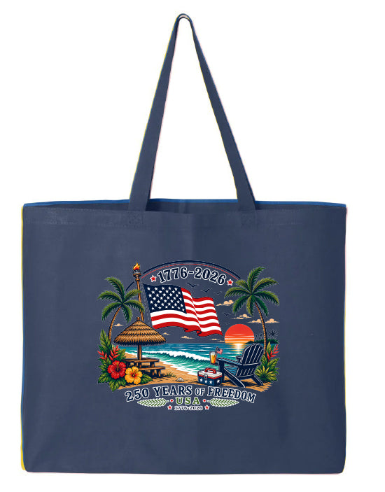 Navy tote bag with beach scene and American flag design on a white background