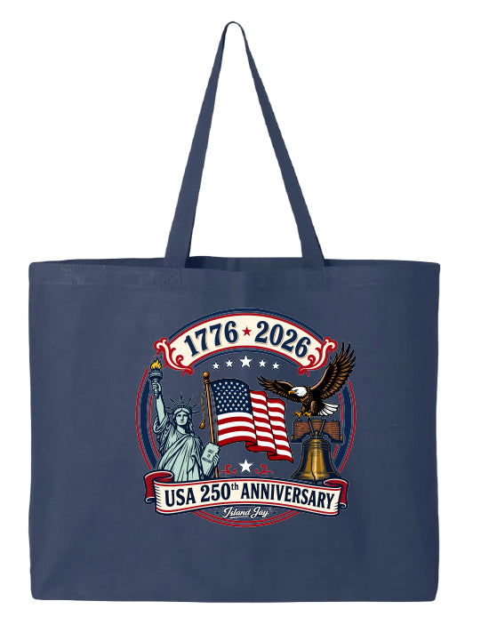 Navy tote bag with USA 250th Anniversary design featuring the Statue of Liberty, American flag, and eagle.