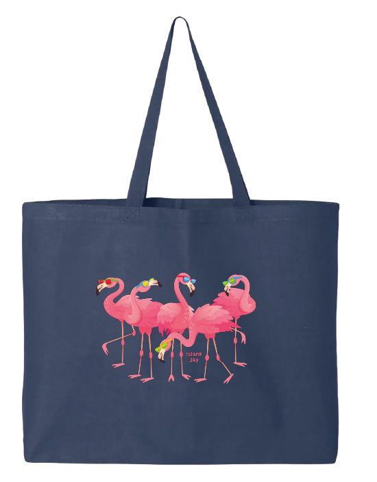 Navy tote bag with pink flamingo design on a white background
