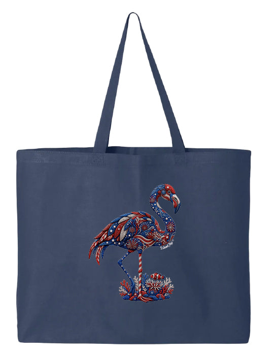 Navy tote bag with a colorful flamingo design on a white background