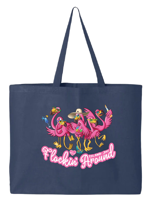 Navy tote bag with colorful flamingo design and 'Flockin' Around' text on a white background