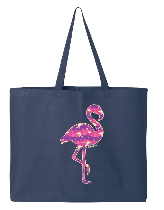 Navy tote bag with a pink flamingo design on a white background