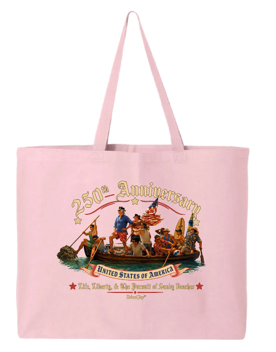 Pink tote bag with a graphic design of a boat and people on a white background