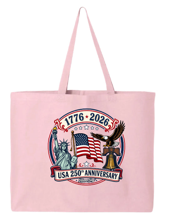 Pink tote bag with USA 250th Anniversary design featuring the Statue of Liberty, American flag, and eagle.