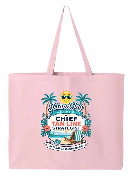A light pink canvas tote bag with a colorful 'Island Jay Chief Tan Line Strategist' graphic print on the front, set against a plain white background.