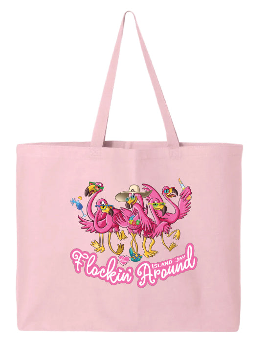 Pink tote bag with flamingo design and text on a white background