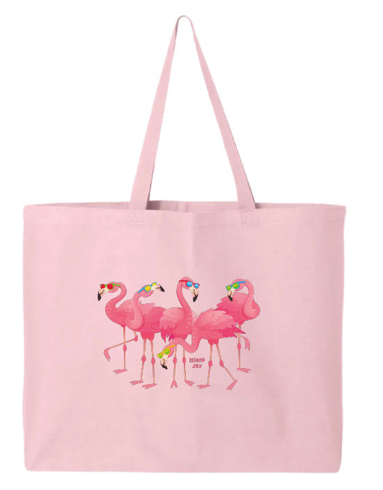 Pink tote bag with flamingo design on a white background