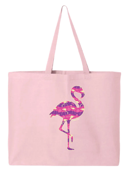 Pink tote bag with a colorful flamingo design on a white background