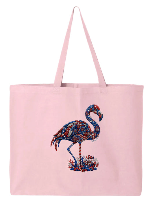 Pink tote bag with a colorful flamingo design on a white background