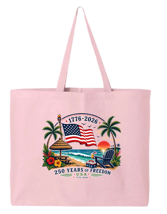 Pink tote bag with beach scene and American flag design on a white background