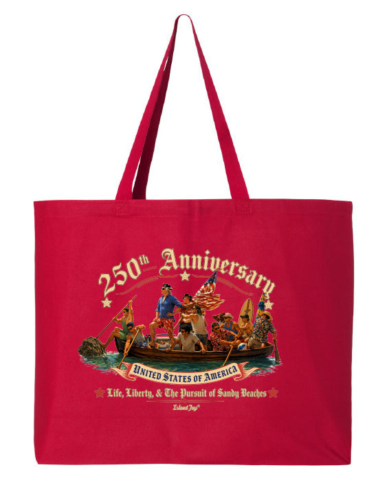 Red tote bag with a graphic design featuring people on a boat and text on a white background