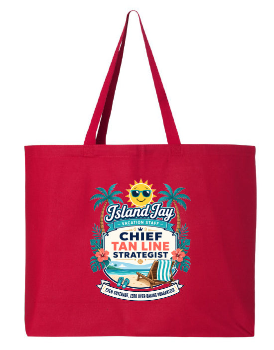 A red canvas tote bag with long handles, featuring a colorful graphic print on the front that reads 'Island Jay' and 'Chief Tan Line Strategist' with tropical illustrations including palm trees, a sun, flowers, and a beach umbrella.