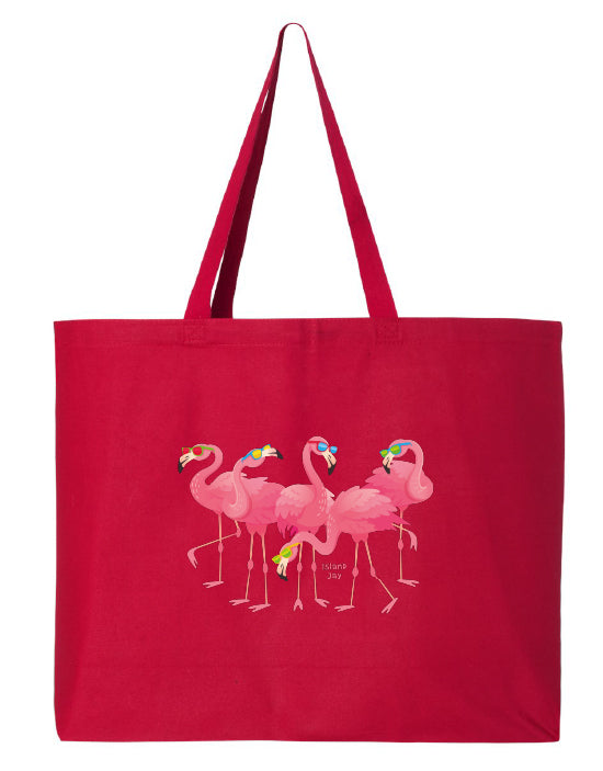 Red tote bag with pink flamingo design on a white background